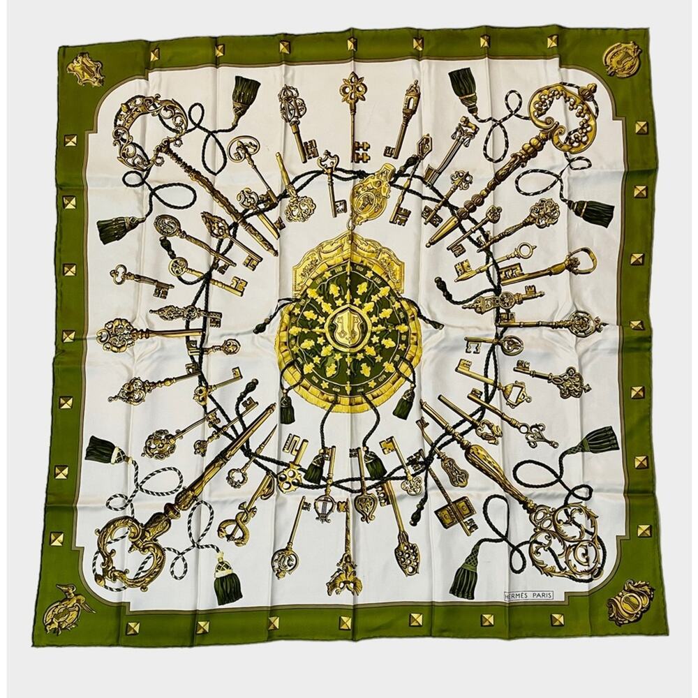 Authentic HERMES Silk Scarf Carre 90s Les‎ Cles Green Key France Quiet Luxury